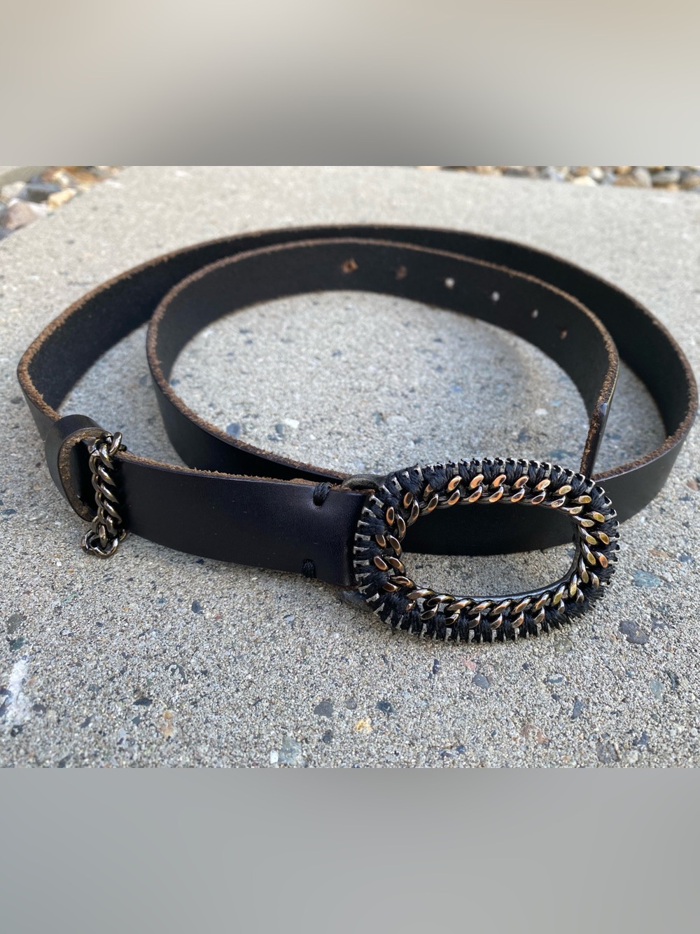 Men's 38-43” Leather Buckle Belt with Decorative Oval Chain Buckle 1”wide